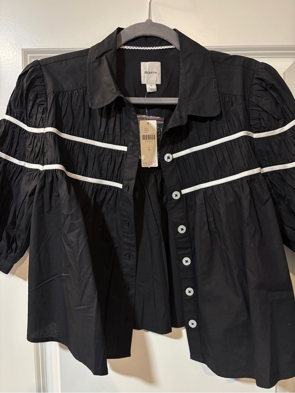 Maeve Black Button-Up Blouse with White Trim
